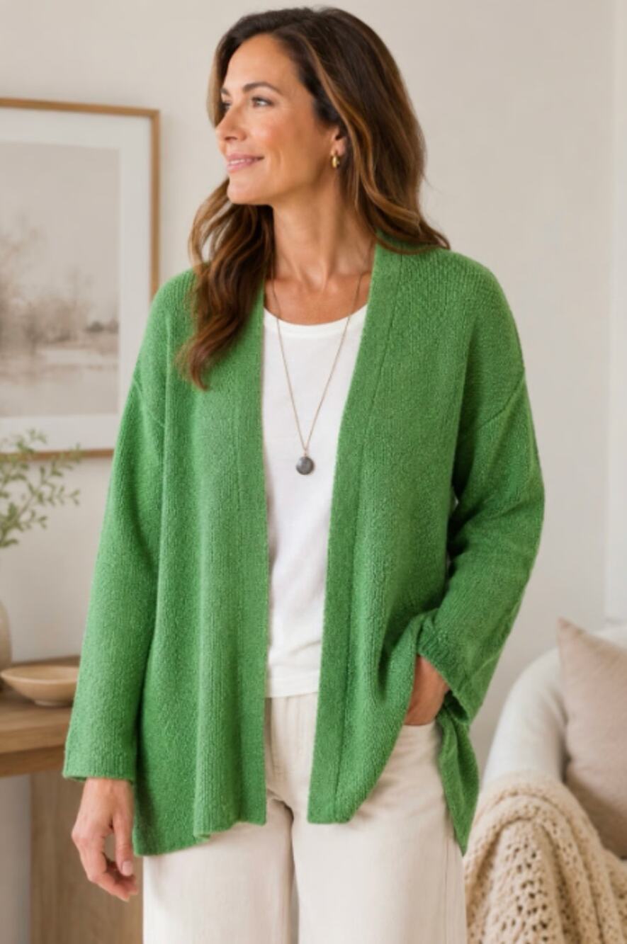 J Jill Womens M Green Knit Open Front Cardigan Sweater Cotton Blend Cozy Chic